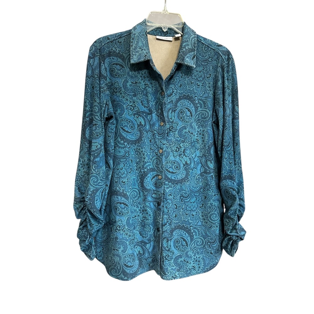 Susan Graver Petite Sz M Printed Faux Suede Knit Long Sleeve Shirt Snap Front